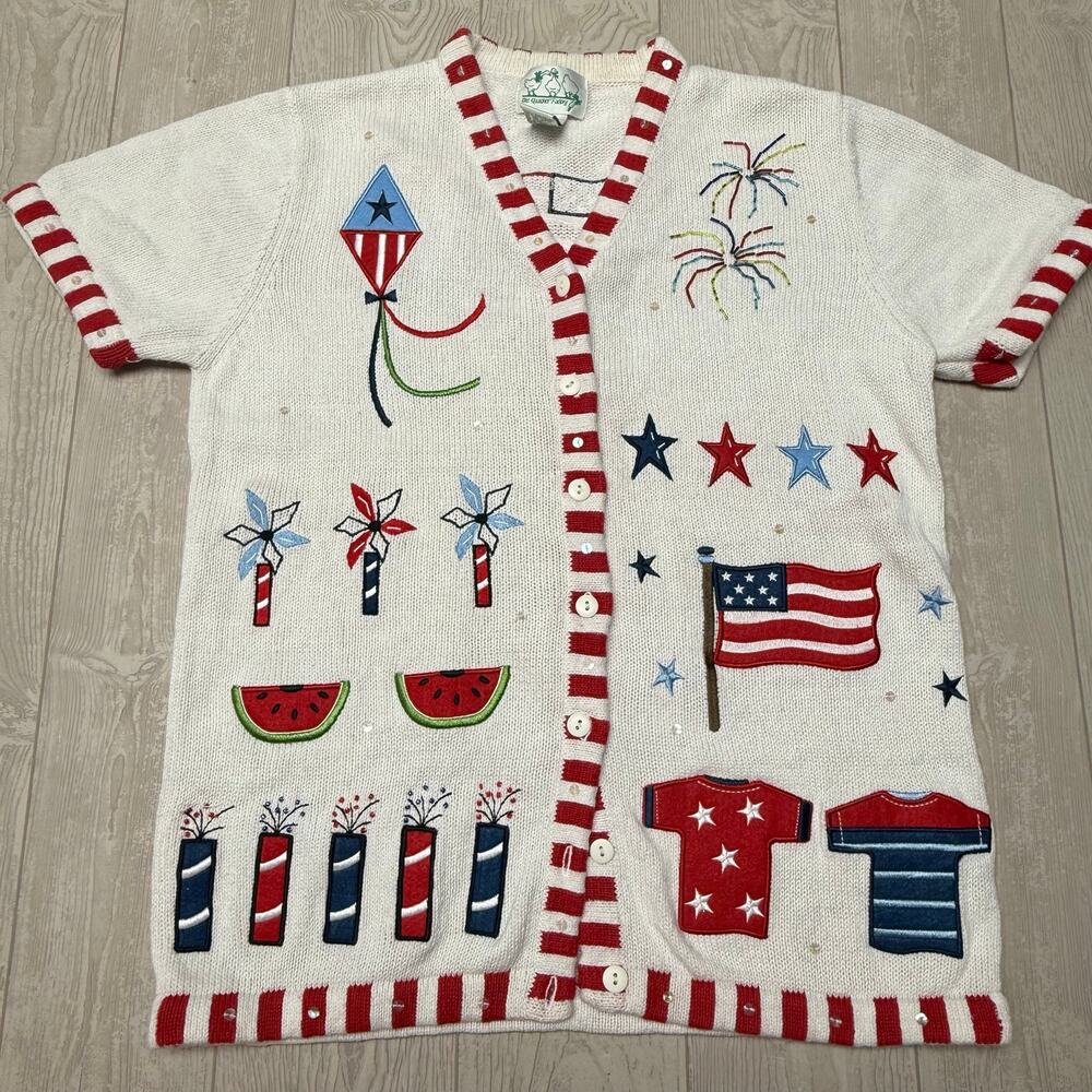 Quacker Factory Women S Patriotic Cardigan Sweater USA Flag 4th July Sequin